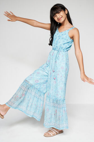 Aqua Floral Tassel Fit And Flare Jumpsuit, Aqua, image 1